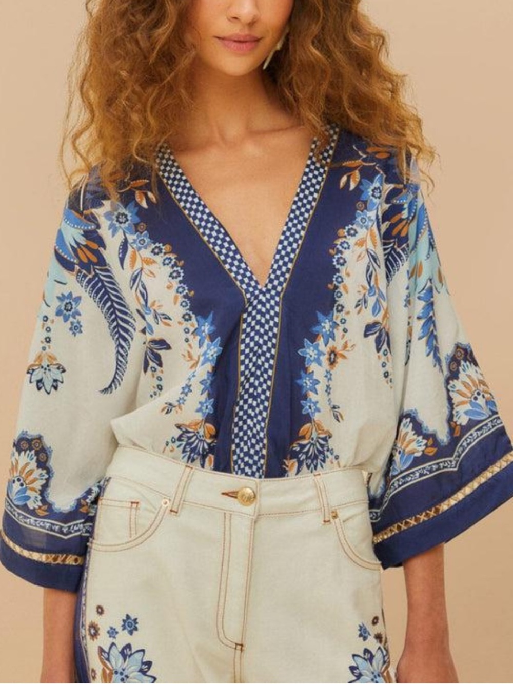 FARM Rio Ana Tapestry Off-White Kimono Bodysuit NWT size M